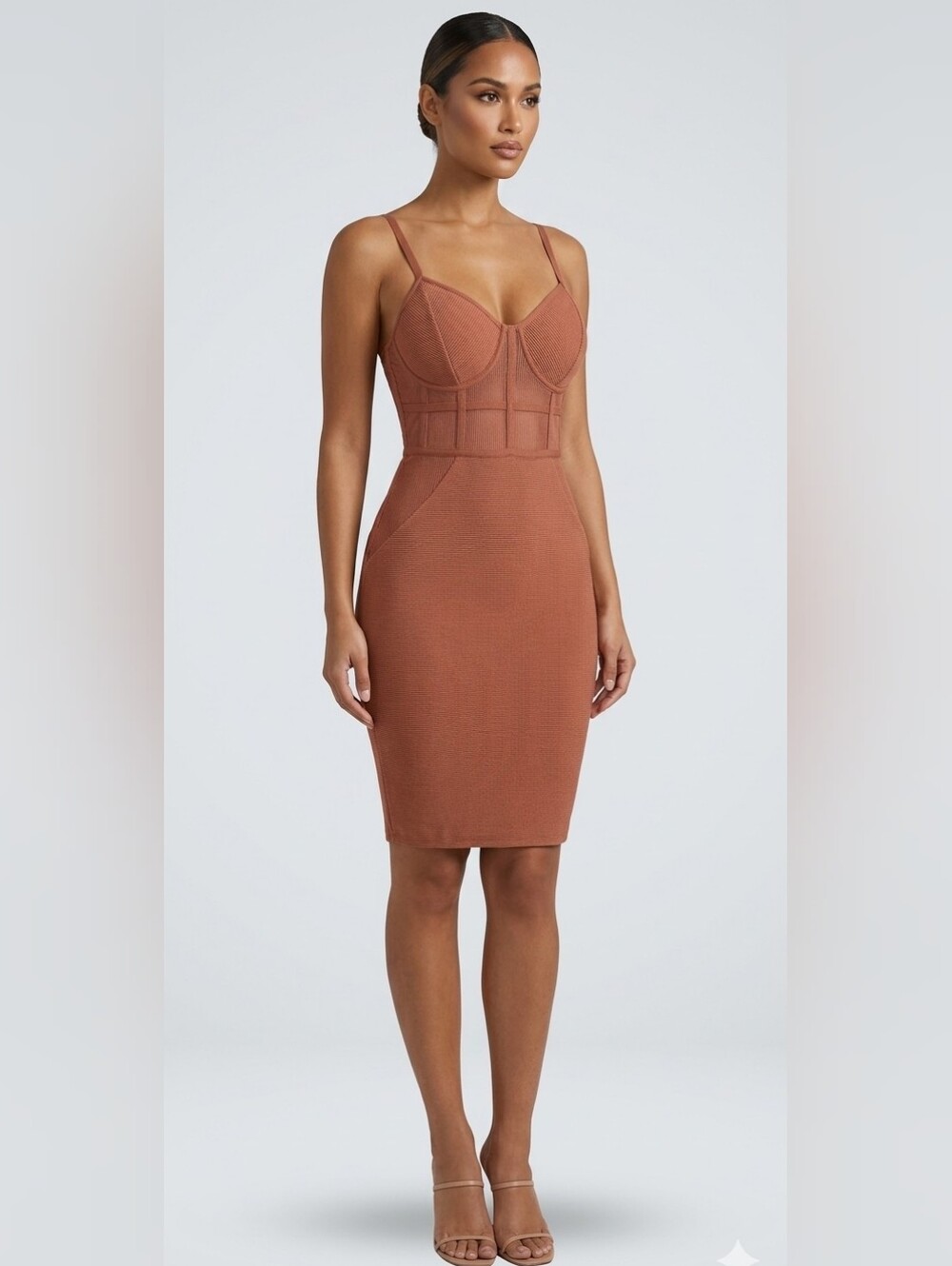975 Bozzolo Ribbed Mesh Panel Bustier Bodycon Mini Dress Rust Orange Small
